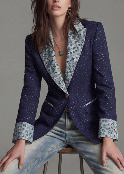 Women Navy Peter Pan Collar Print Patchwork Cotton Blazer Jackets Coat Fall
