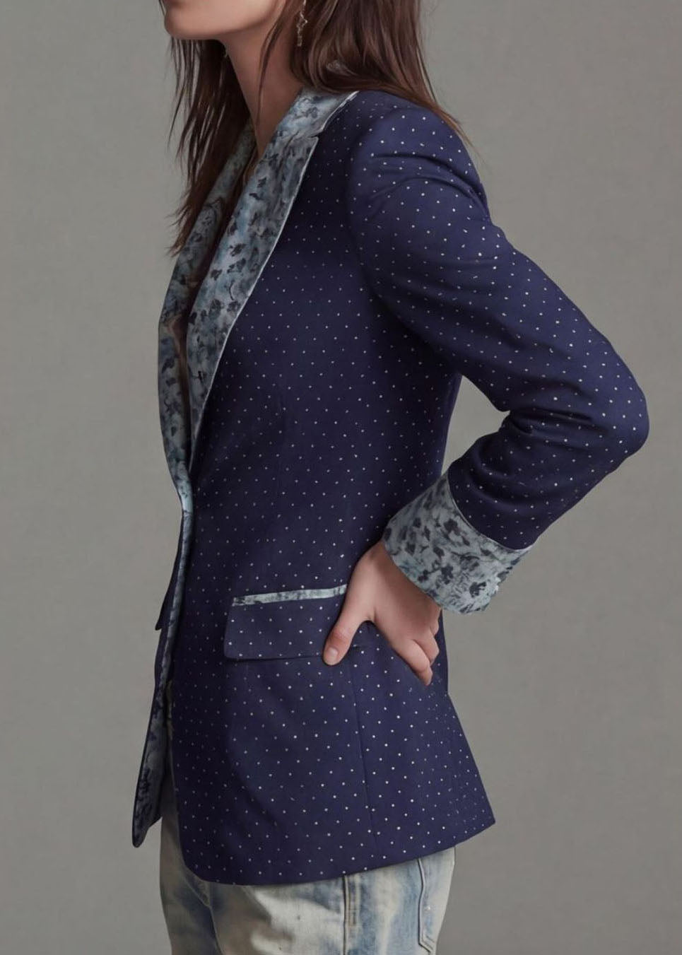 Women Navy Peter Pan Collar Print Patchwork Cotton Blazer Jackets Coat Fall