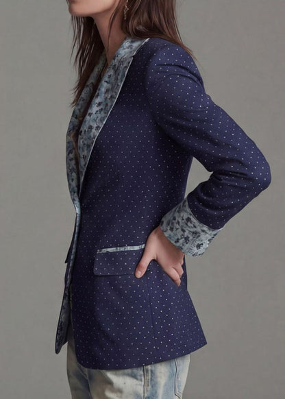 Women Navy Peter Pan Collar Print Patchwork Cotton Blazer Jackets Coat Fall