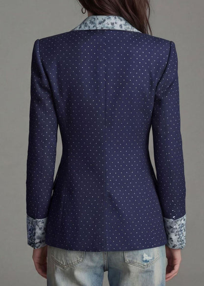 Women Navy Peter Pan Collar Print Patchwork Cotton Blazer Jackets Coat Fall
