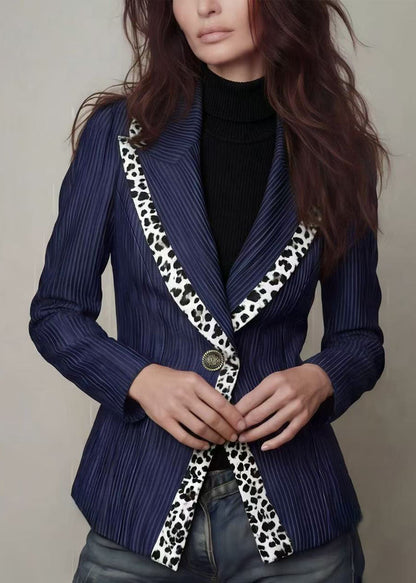 Women Navy Peter Pan Collar Striped Patchwork Cotton Blazer Jackets Coats Fall