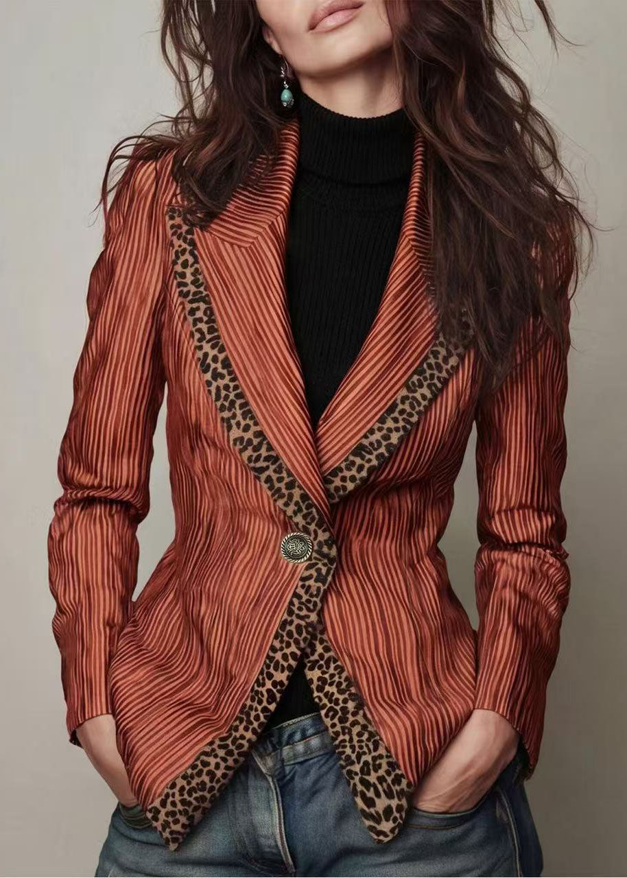 Women Navy Peter Pan Collar Striped Patchwork Cotton Blazer Jackets Coats Fall
