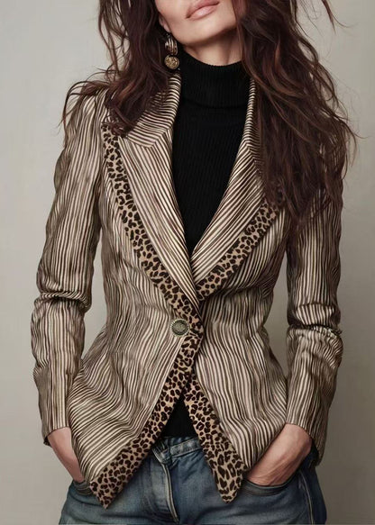 Women Navy Peter Pan Collar Striped Patchwork Cotton Blazer Jackets Coats Fall