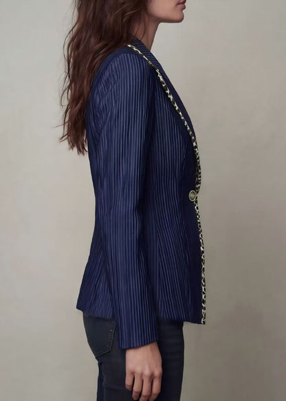 Women Navy Peter Pan Collar Striped Patchwork Cotton Blazer Jackets Coats Fall