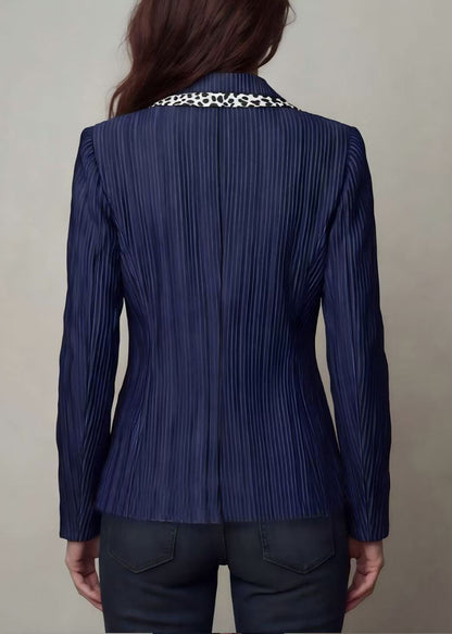Women Navy Peter Pan Collar Striped Patchwork Cotton Blazer Jackets Coats Fall