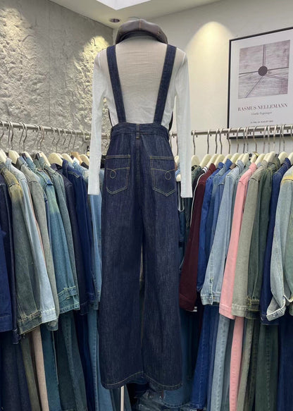 Women Navy Pockets Patchwork Denim Jumpsuits Spring