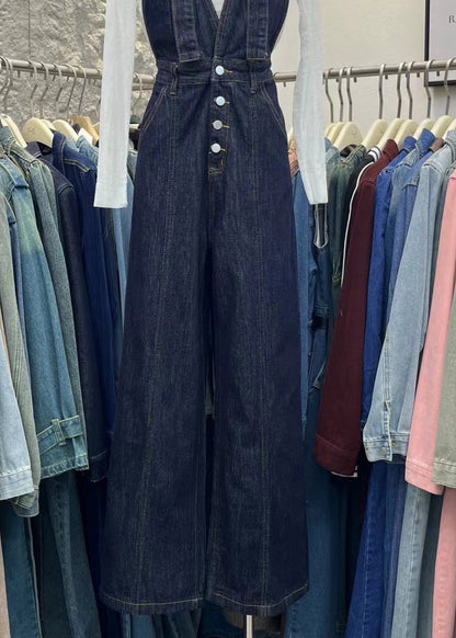 Women Navy Pockets Patchwork Denim Jumpsuits Spring