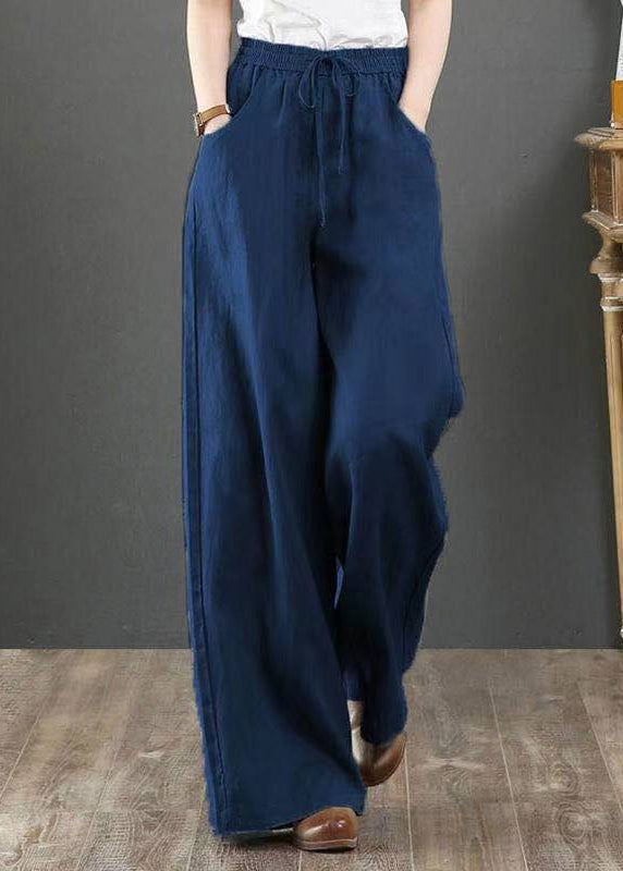 Women Navy Pockets Tie Waist Cotton Straight Pants Summer