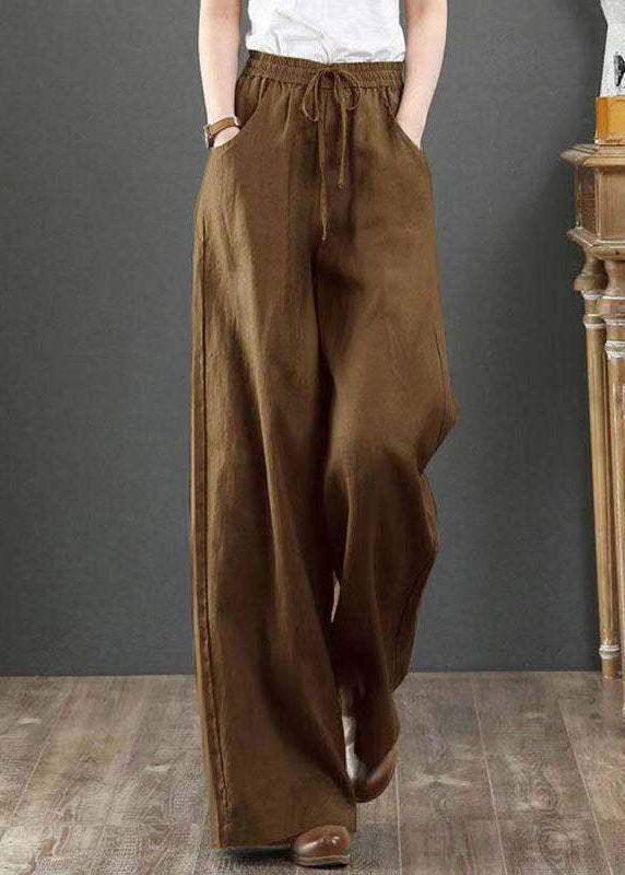 Women Navy Pockets Tie Waist Cotton Straight Pants Summer