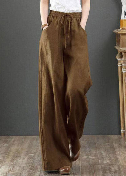 Women Navy Pockets Tie Waist Cotton Straight Pants Summer