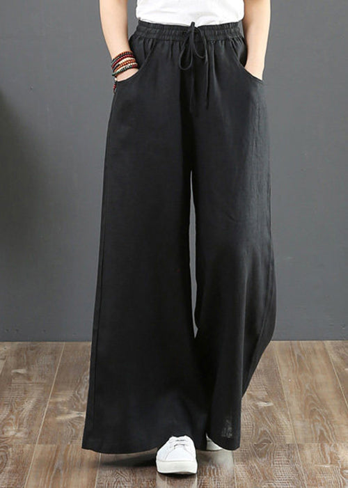Women Navy Pockets Tie Waist Cotton Straight Pants Summer