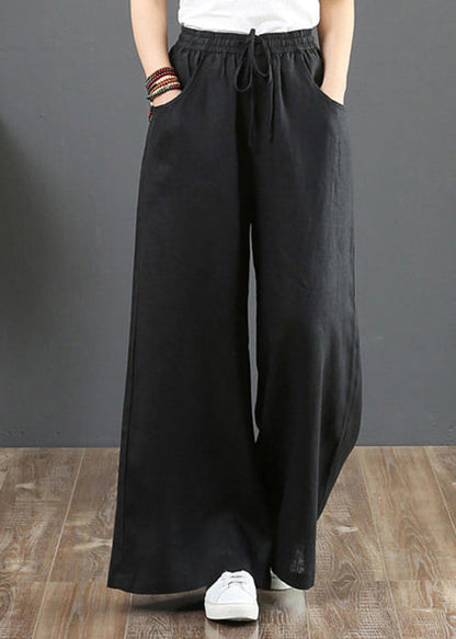 Women Navy Pockets Tie Waist Cotton Straight Pants Summer