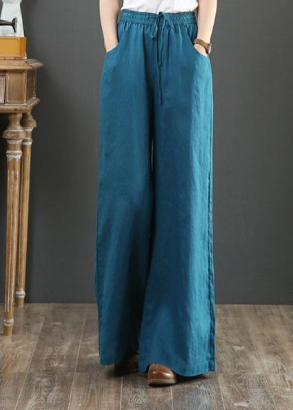 Women Navy Pockets Tie Waist Cotton Straight Pants Summer