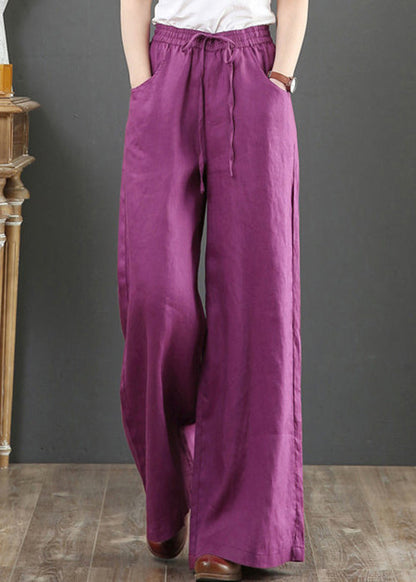 Women Navy Pockets Tie Waist Cotton Straight Pants Summer