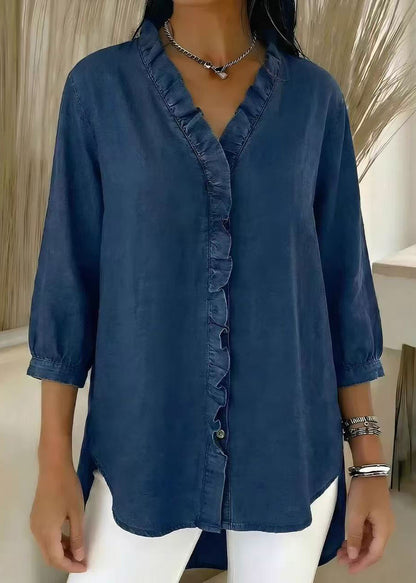 Women Navy Ruffled Oversized Denim Shirt Tops Bracelet Sleeve
