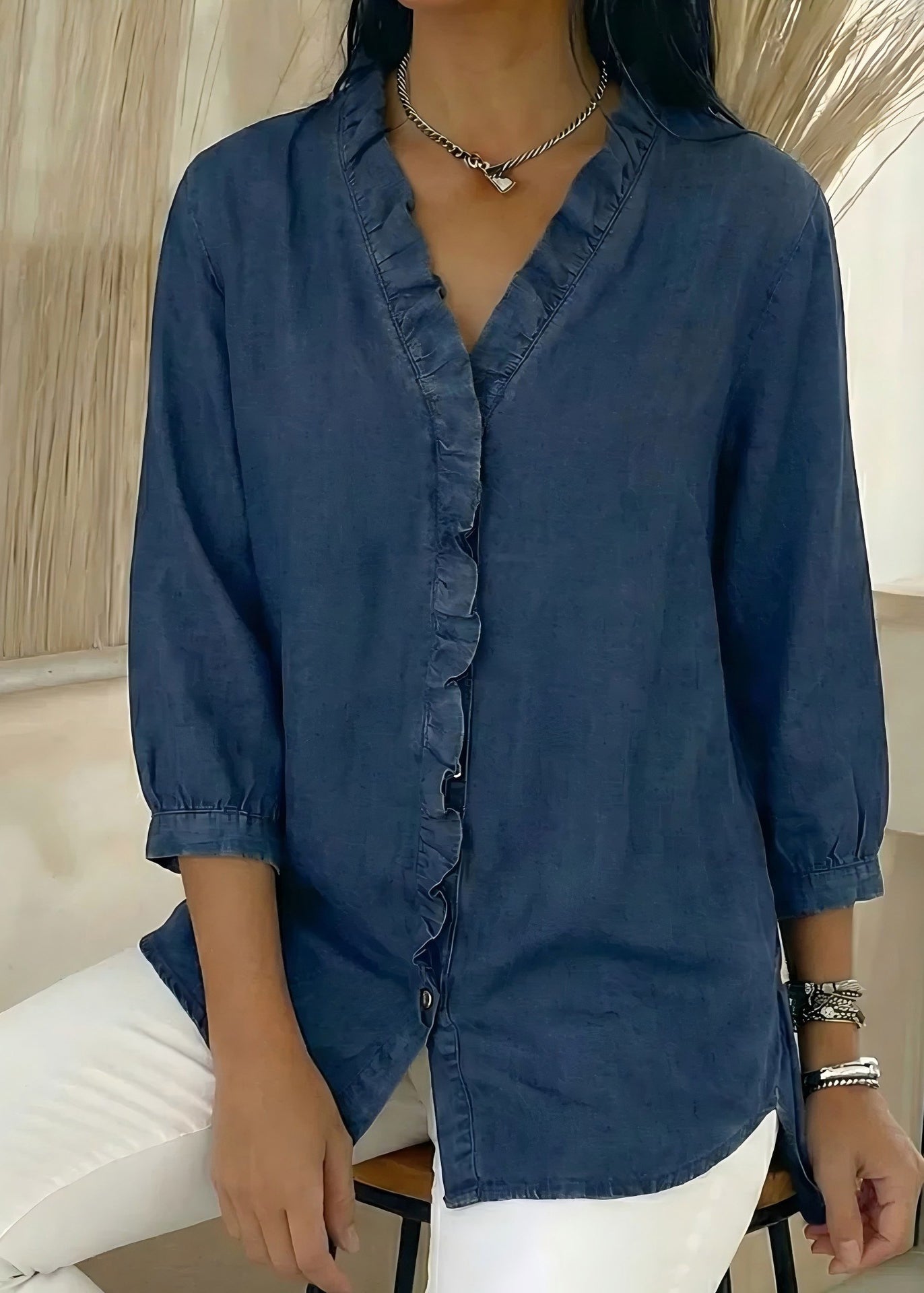 Women Navy Ruffled Oversized Denim Shirt Tops Bracelet Sleeve