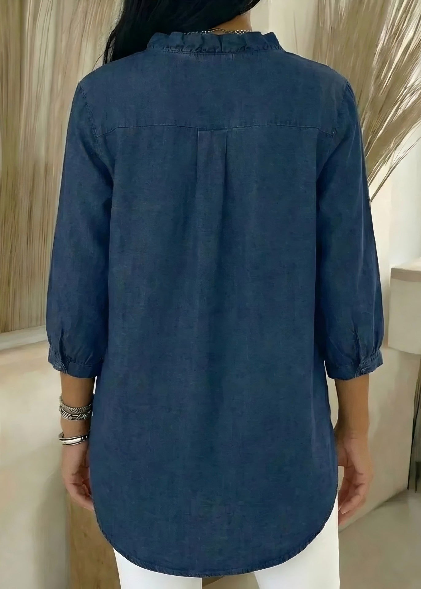 Women Navy Ruffled Oversized Denim Shirt Tops Bracelet Sleeve