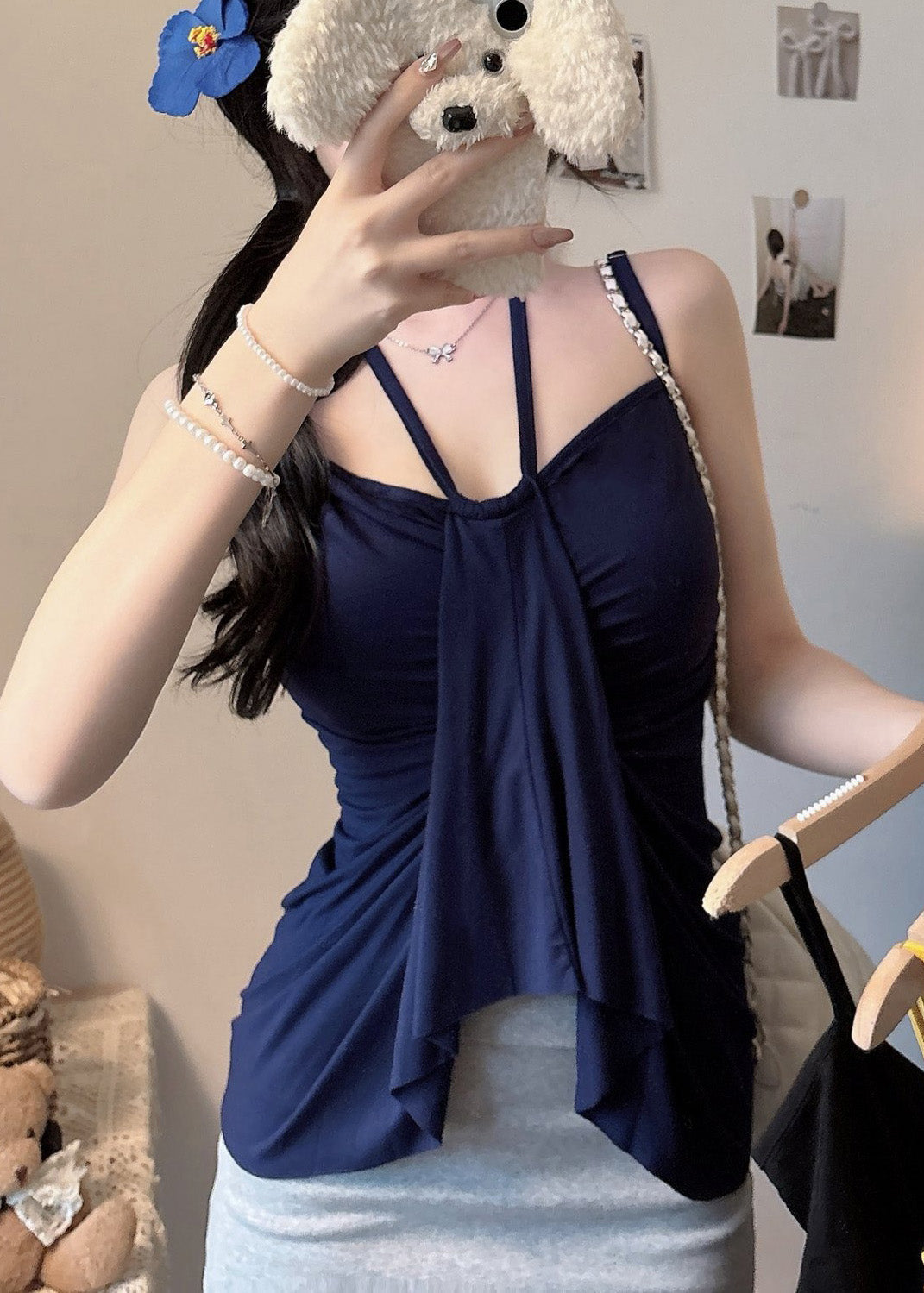 Women Navy Silm Fit Cotton Beach Vest Summer