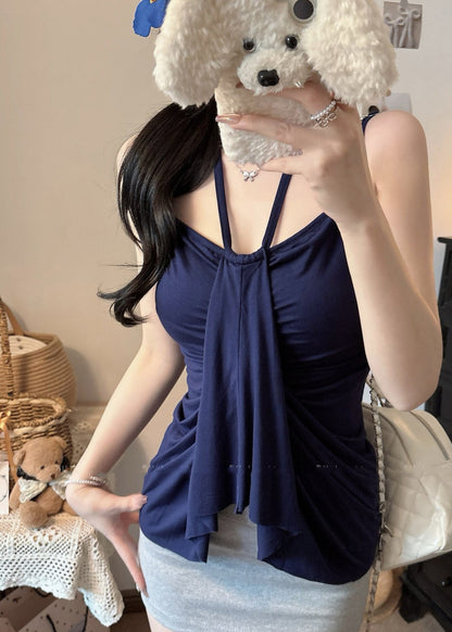 Women Navy Silm Fit Cotton Beach Vest Summer