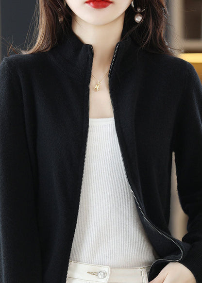 Frauen Navy Stehkragen Zip Up Dicke Wolle Strick Strickjacke Frühling