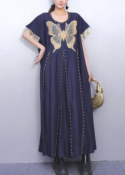 Damen Marineblaue Jeanskleider mit Quasten und Schmetterlingsmuster für den Sommerurlaub