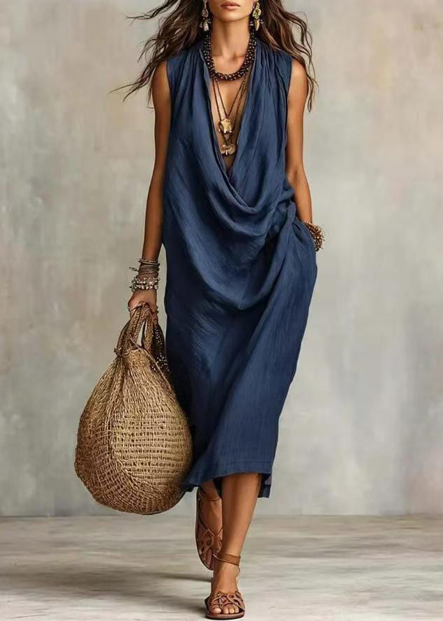 Women Navy V Neck Cotton Holiday Dress Summer