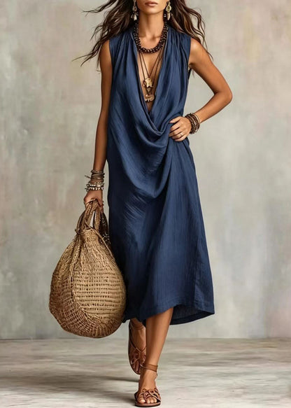 Women Navy V Neck Cotton Holiday Dress Summer
