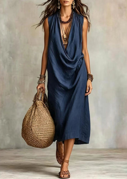 Women Navy V Neck Cotton Holiday Dress Summer