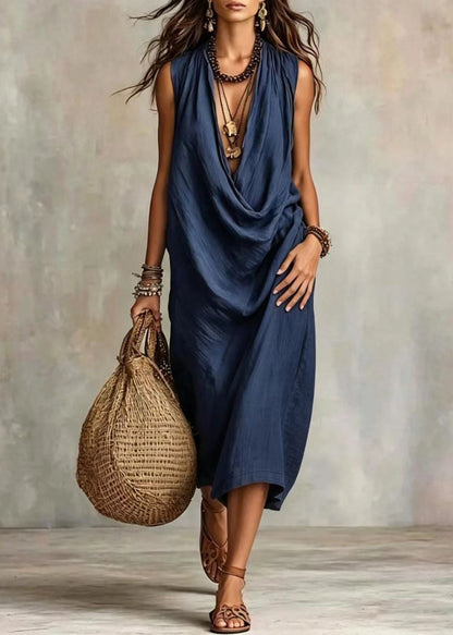 Women Navy V Neck Cotton Holiday Dress Summer