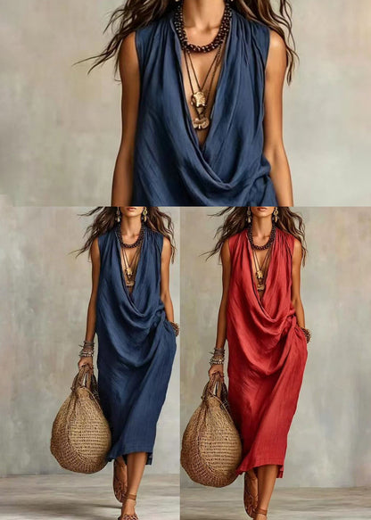 Women Navy V Neck Cotton Holiday Dress Summer