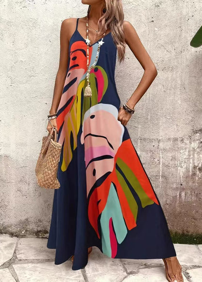 Women Navy V Neck Print Cotton Spaghetti Strap Long Dress Summer