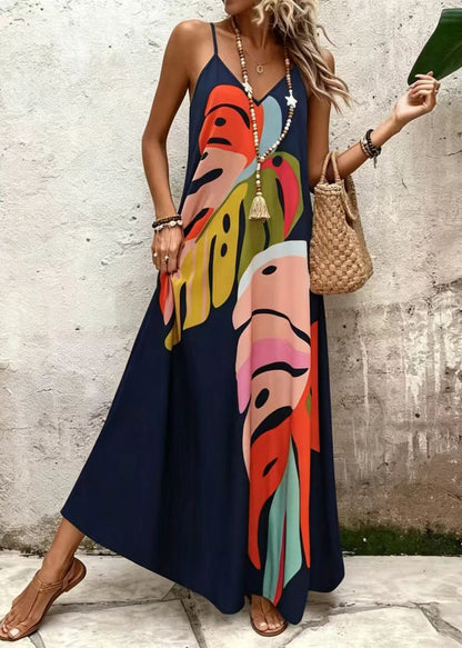 Women Navy V Neck Print Cotton Spaghetti Strap Long Dress Summer
