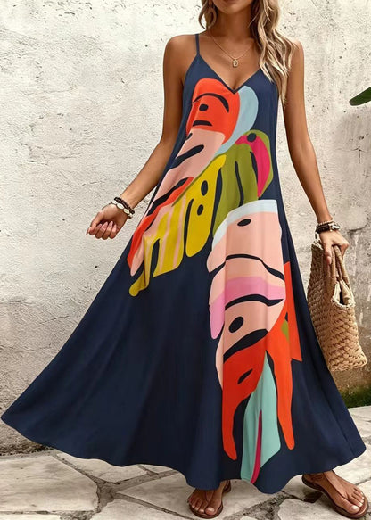 Women Navy V Neck Print Cotton Spaghetti Strap Long Dress Summer