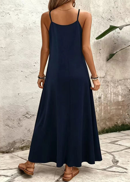 Women Navy V Neck Print Cotton Spaghetti Strap Long Dress Summer