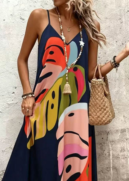 Women Navy V Neck Print Cotton Spaghetti Strap Long Dress Summer