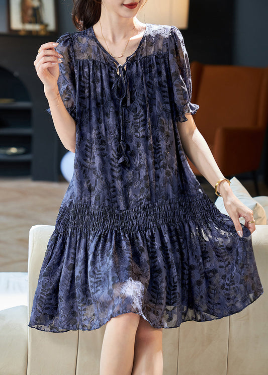 Women Navy V Neck Print Patchwork Chiffon Dress Summer