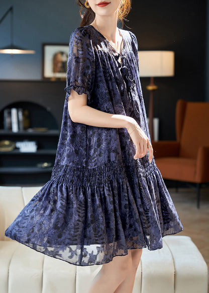 Women Navy V Neck Print Patchwork Chiffon Dress Summer