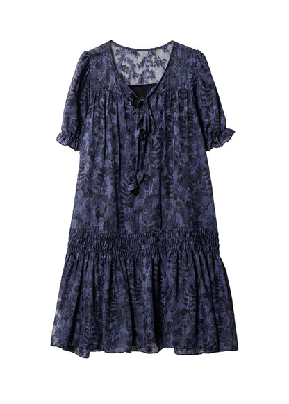 Women Navy V Neck Print Patchwork Chiffon Dress Summer
