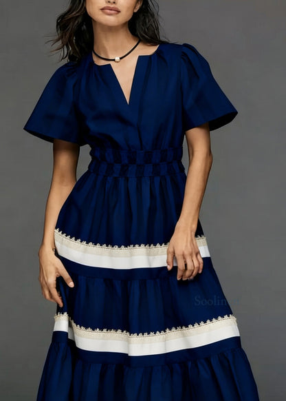 Women Navy V Neck Tasseled Patchwork Cotton Dresses Summer