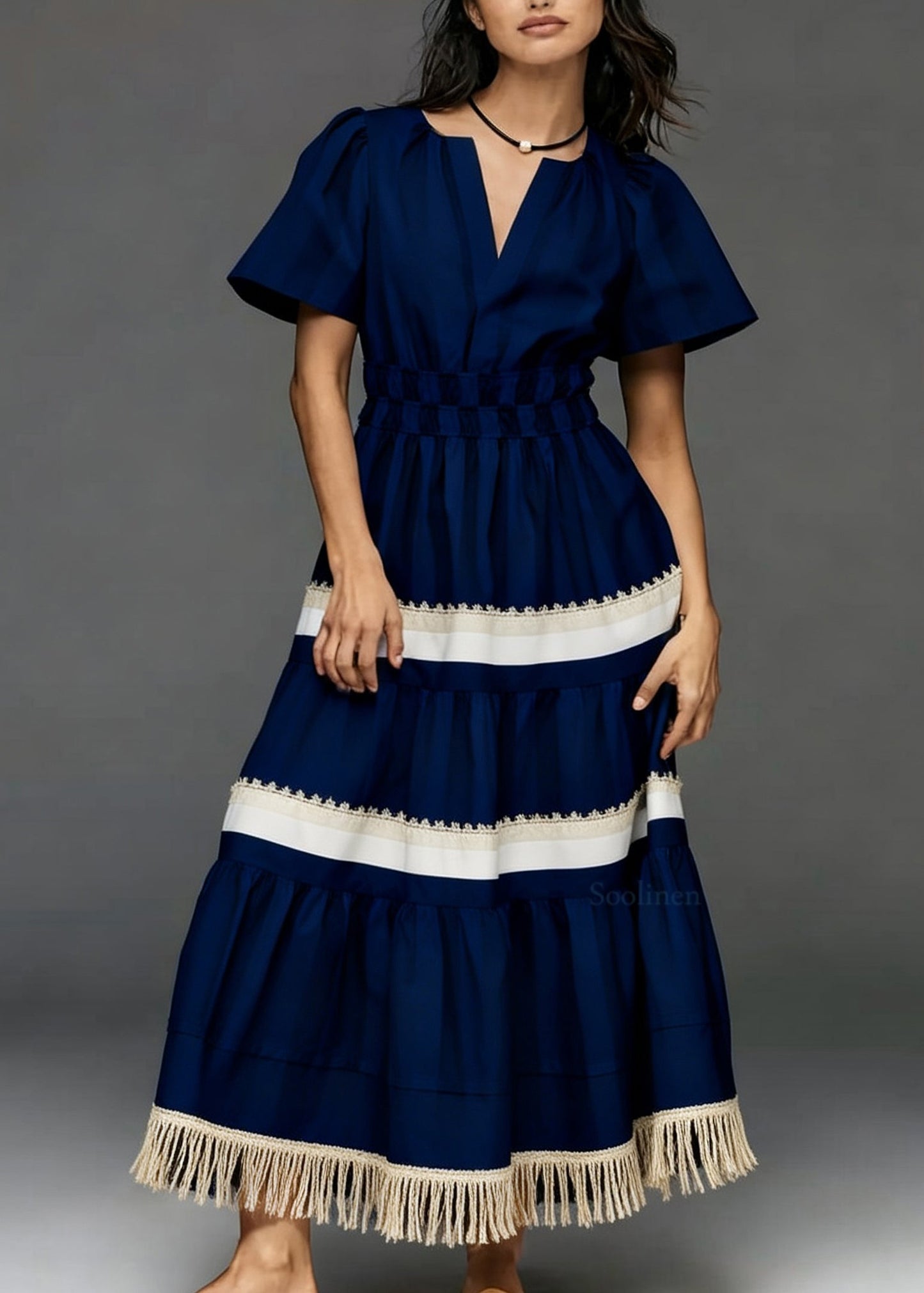 Women Navy V Neck Tasseled Patchwork Cotton Dresses Summer