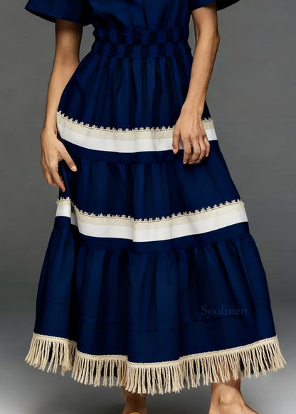 Women Navy V Neck Tasseled Patchwork Cotton Dresses Summer