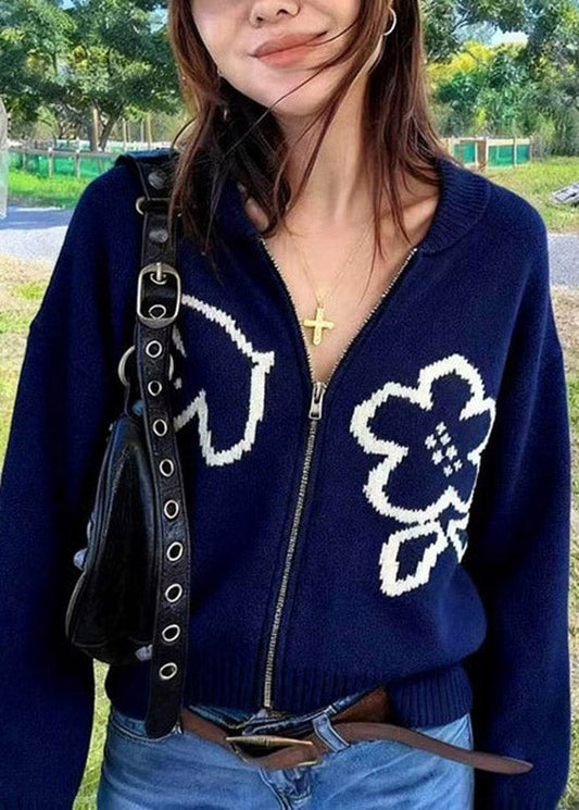 Women Navy Zip Up Floral Knit Loose Coat Spring