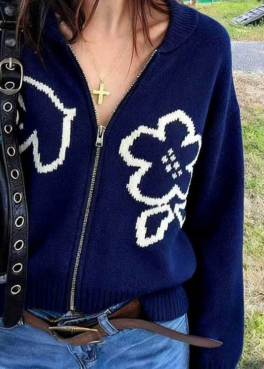 Women Navy Zip Up Floral Knit Loose Coat Spring