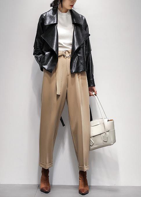 Women Notched Cinched  coat black silhouette coats - SooLinen