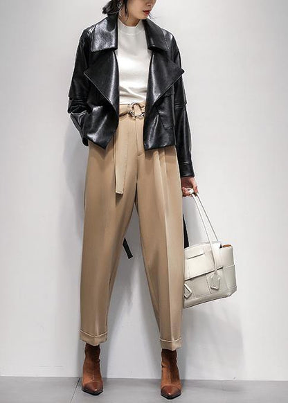 Women Notched Cinched  coat black silhouette coats - SooLinen