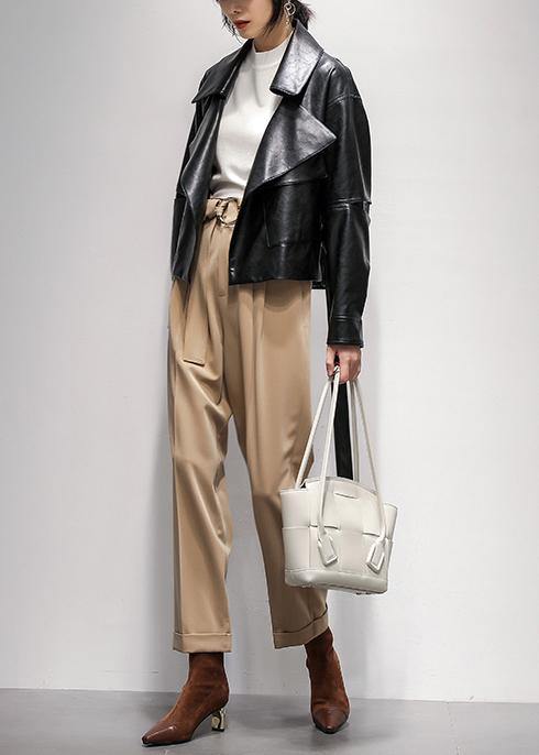 Women Notched Cinched  coat black silhouette coats - SooLinen