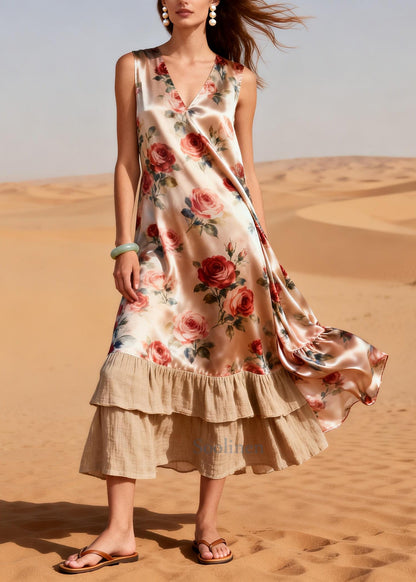 Women Nude Flower Patchwork Linen Silk Long Dress Summer