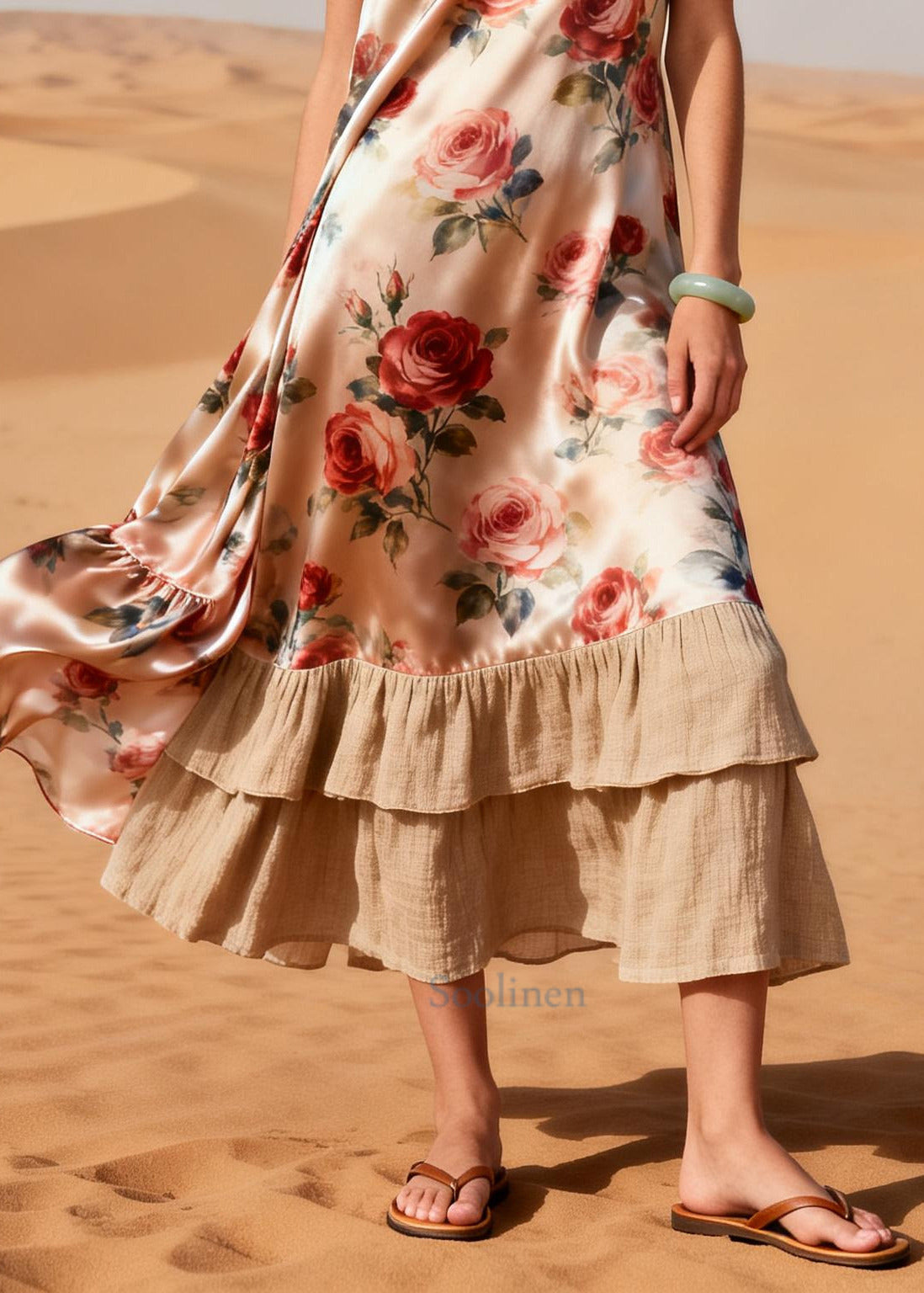 Women Nude Flower Patchwork Linen Silk Long Dress Summer