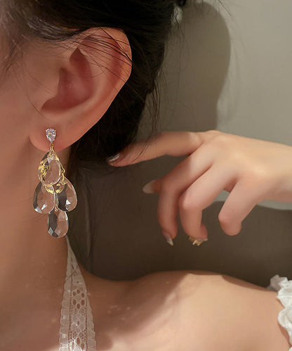 Pendientes colgantes con borlas de circonitas y cristales de aleación de plata de ley color nude para mujer