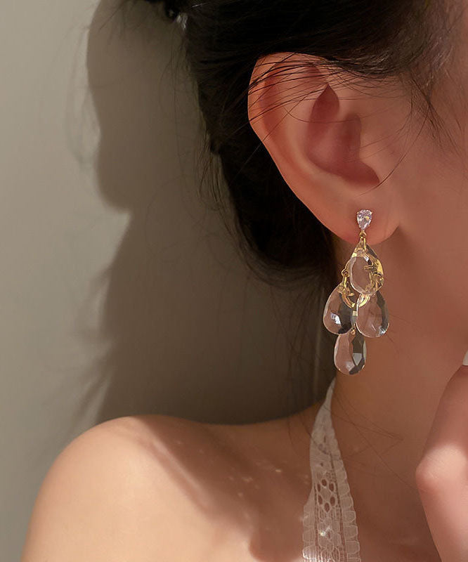 Pendientes colgantes con borlas de circonitas y cristales de aleación de plata de ley color nude para mujer